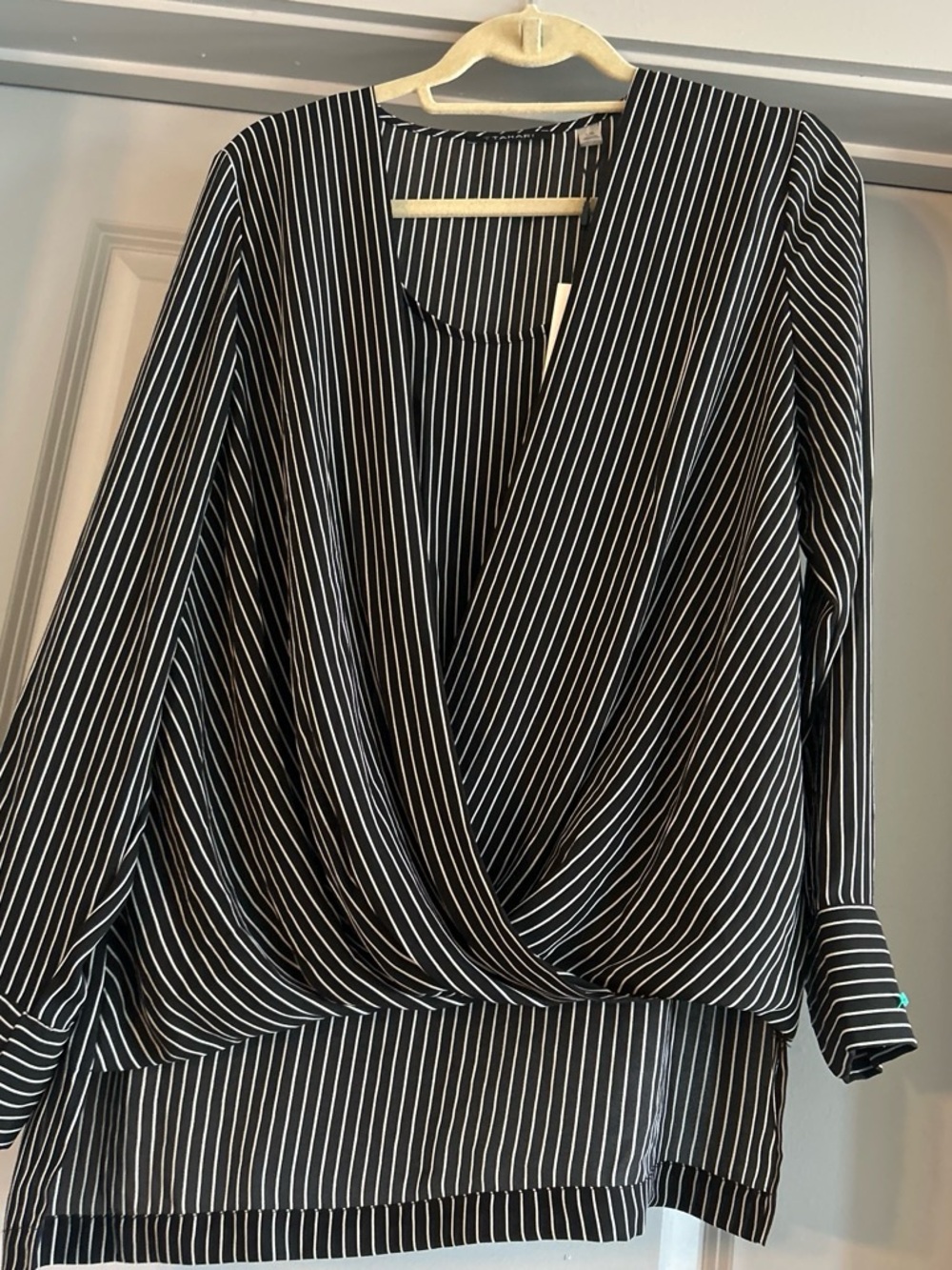 Tahari Black and White Pinstripe Wrap-Front Blouse